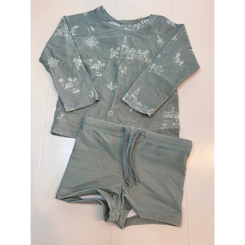 Rylee + Cru Swim Set Toddler 18-24M Sage Green Map Print  Long Sleeve Rashguard
